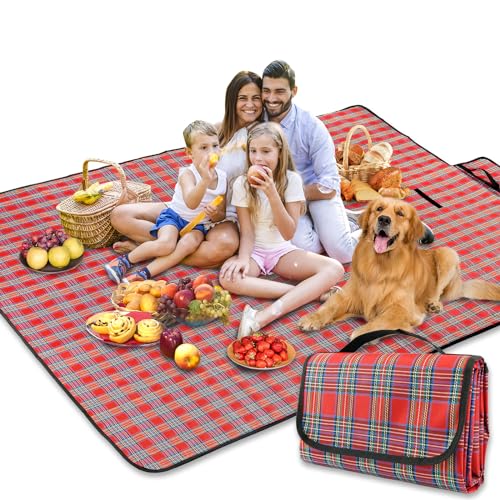 SOMIYAMI Tartan Picnic Blanket Waterproof, Garden Outdoor Camping Blanket, Beach Picnic Mat With Carrying Handle, Washable Multipurpose 150 x 200cm (Red)