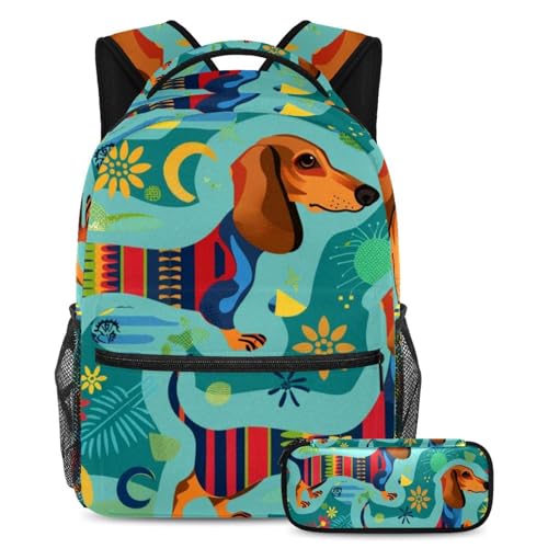 Trousse à crayons et sac à dos teckel pour enfant, cartable scolaire mignon 2 pièces