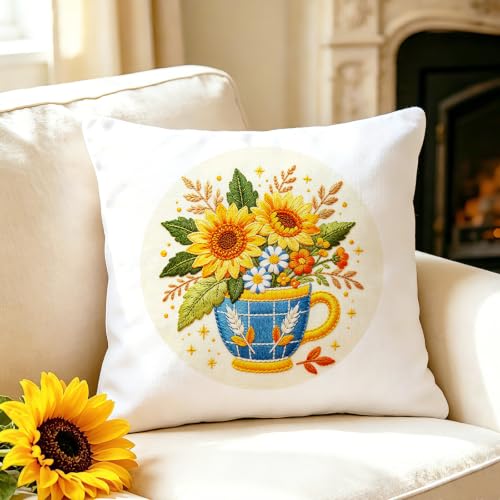 Image of BEUNITONE 4 Set Embroidery Kits for Beginners, Flower Arrangement Design with Pre-Stamped Pattern Craft Kits Include Instruction and Hoops, 7.9x7.9 Needlepoint Kits for Festival Gifts and Home Decor