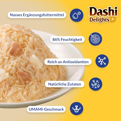 INABA Dashi Delights Delicate Flakes, Nassfutter für Katzen mit Huhn und Thunfisch, feine Flocken in aromatischer Fischbrühe, Proteinreich, Natürliche Zutaten, Ergänzungsfutter, 12x40g