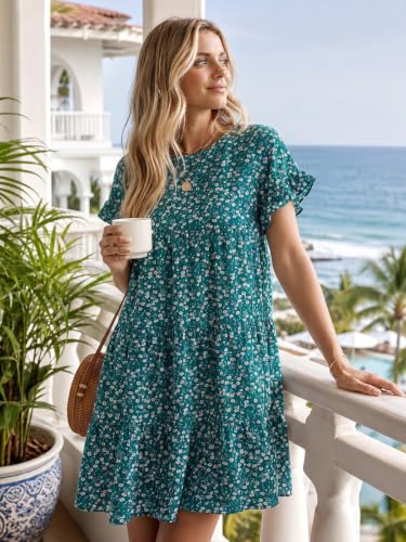 Image of Chuanqi Womens Ruffles Boho Floral Printed Babydoll Loose Swing Casual Short Mini T-Shirt Dress
