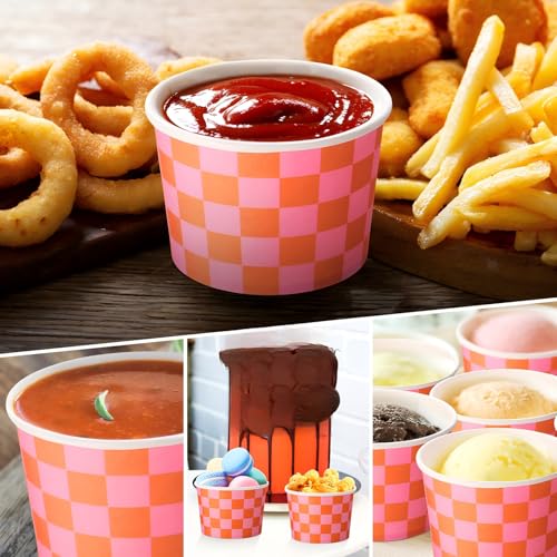 Image of Zopeal 50 Count Orange and Pink Checkered Ice Cream Cups Paper Race Car | Dessert Bowls 9 oz, Disposable Ice Cream Bowls, Birthday Party Supplies, Snack Cups Sundae Picnic Yogurt Bowls for Food