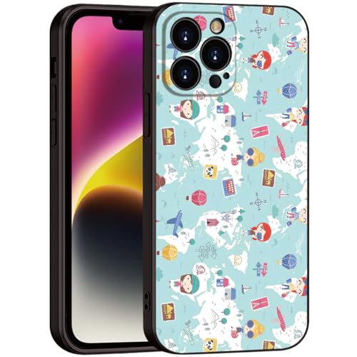 Cute Cartoon World Map Phone Case for iPhone 15 Pro Max - Soft & Shockproof Travel Style for Girls & Women (B1-Cartoon Cute Girly)