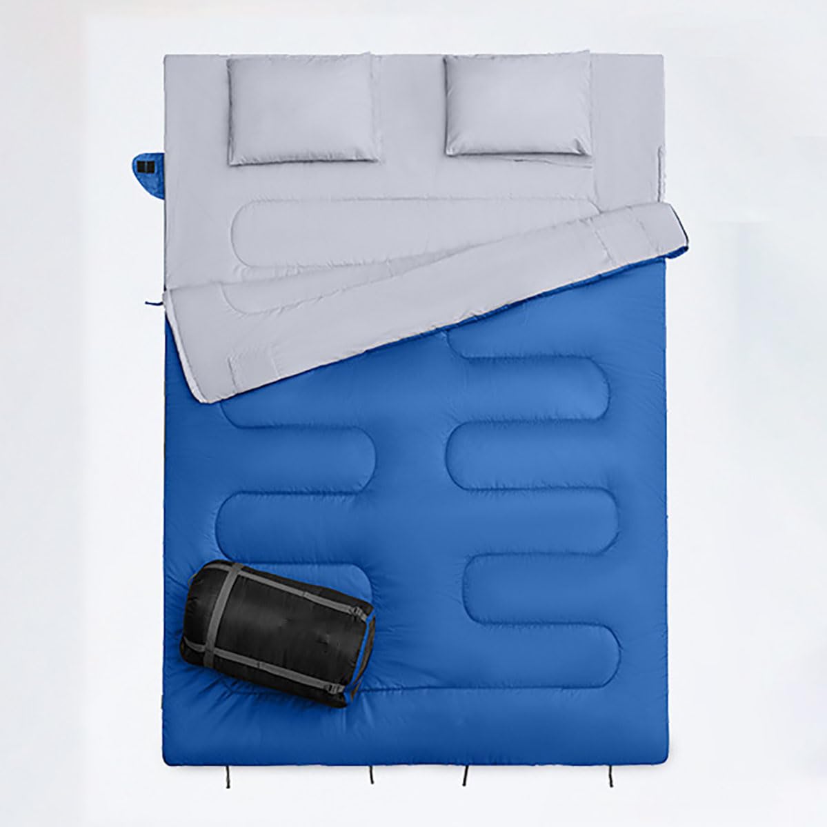 Saco de dormir doble para acampar al aire libre con almohada, portátil, diseño dividido, ampliado y grueso, relleno de algodón de plumón, apto para adultos, ligero para senderismo y viajes