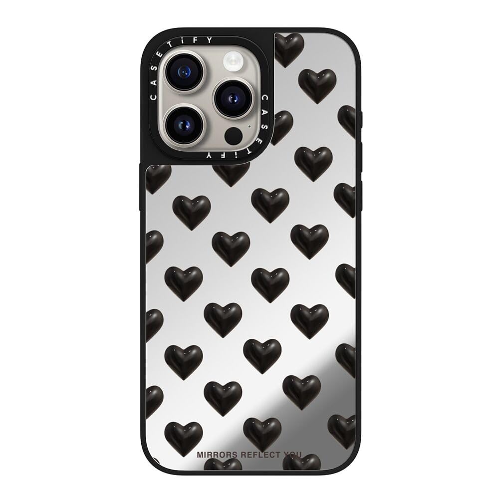 CASETiFY Magsafe 対応ミラー iPhone 15 Pro Max ケース [反射性 / 1.5mからの落下試験をクリア / Magsafe に対応] - black hearts - シルバー (ブラックバンパー)