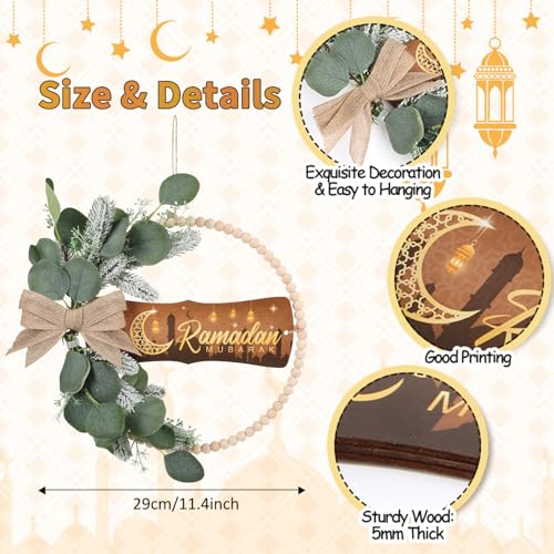 Image of HPNIUB Ramadan Door Sign, Eid Mubarak Decoration for Muslim Home Room, Islam Mubarak Wooden Hanging Sign Wreath, Ramadan Hollow Wall Art for Ramadan Mubarak Party Supplies