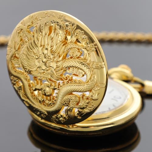 Image of Dragon Design Quartz Pocket Watch Roman Numerals with Chain Birthdays Gifts for Father's Days
