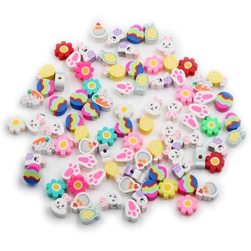 100 Pcs Colorful Easter Polymer Clay Beads Mixed Bunny & Egg Soft Heishi Spacer Beads Supplies for DIY Bracelet Earring Necklace Jewelry Making