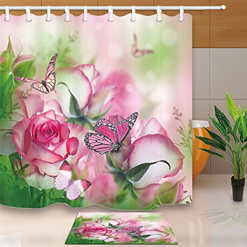 Rosa Blume Schmetterling waschbar Duschvorhang Haushaltsdekoration wasserdicht und schimmelresistent Badezimmer Bildschirm mit Haken A2 150x180cm