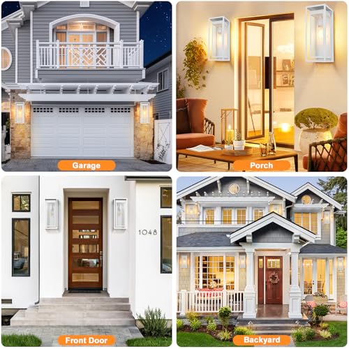Image of 19 Inch White Outdoor Wall Light Fixtures, 2 Pack Porch Lights | Large Size, Anti-Rust, Waterproof, Tempered Glass, Easy Installation, Exterior Wall Sconces for House Entryway Garage
