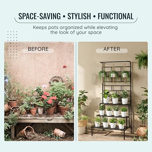 Image of Robustt 4 Tier Metal Plant Stand with Trellis & Hanging Rod | Black | 150 x 29.5 Inches| Heavy Duty, Rust-Resistant Plant Rack for Indoor Living Room & Outdoor Balcony