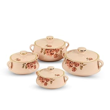 GALOOF Set of 4 Insulated Plastic Inner Stainless Steel Casserole Thermal Serving Bowl Hot Pot (4PC(500+1000+1500+2000 ML), (Beige)