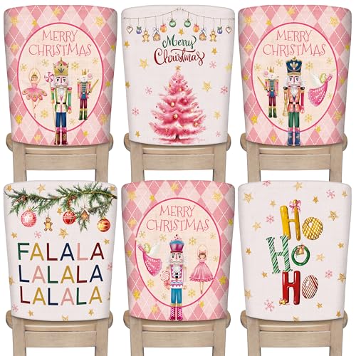 Image of Christmas Chair Covers Set of 6 Pink Nutcracker Christmas Tree Chair Back Covers Holiday Dining Chair Slipcovers Protector Kitchen Dining Room Decor Festival Party Decoration