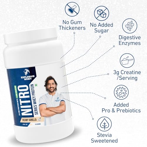 Image of Explosive Whey Nitro Series Whey Protein - Trusted by M.S. Dhoni | 24g Protein & 3g German Sourced Creatine for Strength, Endurance, & Lean Muscle - 29 Servings (29 Servings - 1Kg, Creamy Vanilla 24g Protein)