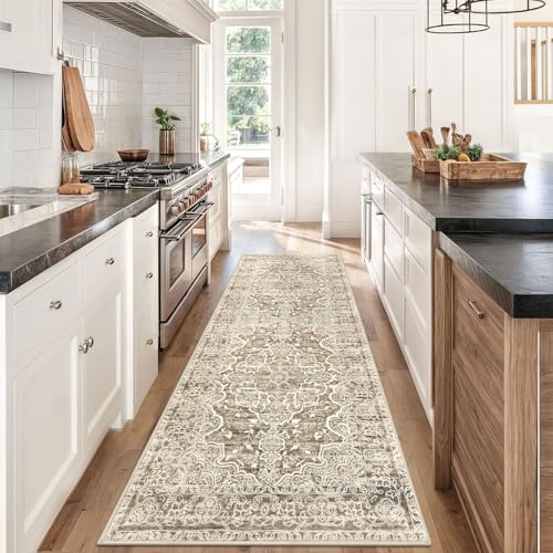 KUTA Washable Kitchen Runner 3x8, Non Skid Washable 8 ft Beige Brown Runners, Printed Vintage Distressed Floral Area Rugs Ultra Soft Carpet for Bedroom Living Room