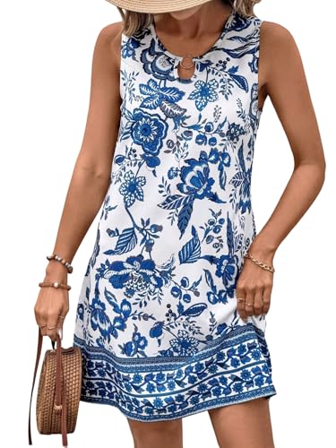 SweatyRocks Strandkleid Damen Luftig Kurz Boho Kleid Blumenkleid Tunika Kleid Leichtes Sommerkleid Mit Blumen Tankkleid Damenkleider Blau und Weiß S