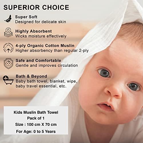 Image of HABER Organic Cotton Muslin Baby Bath Towel 70x100 Pack of 1|4 Layer Ultra Soft Skin Safe Muslin | Highly Absorbent Quick Dry Newborn Towel for Sensitive Skin | Gentle Towel for Infants & Toddlers