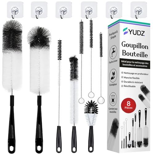 YUDZ – Lot de Goupillons Bouteille et Écouvillons – 8 Brosses + 6 Crochets Muraux – Brosse pour Biberon, Gourdes, Thermos, Verres, Carafes et Bouteille...