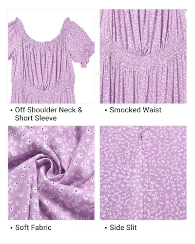 Image of Holipick Women's Off The Shoulder Boho Dress Plus Size Floral Smocked Waist Split Summer Maxi Sundress with Pockets