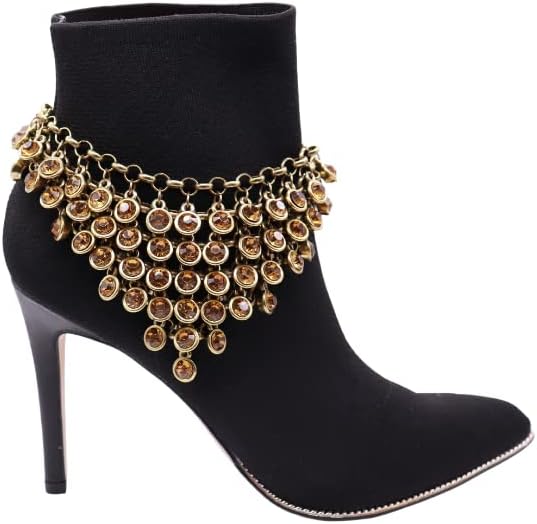 TrendyFashionJewelry Women Western Boot Chain Metal Links Bling Bracelet Anklet TOrange Beads Charm Strap Gold Color