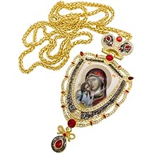 Nazareth Store Holy Mary Pectoral Cross Red Crystals Priest Bishop Crucifix Mary with Baby Jesus Pendant Christian Necklace 23" in Gift Box