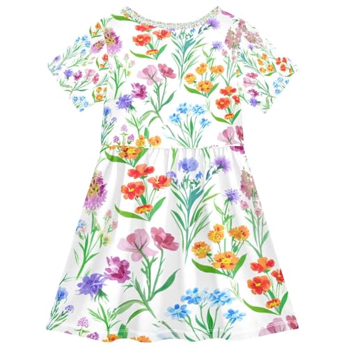 Wildflower Bouquets Girls Dress Short Sleeve Summer Sundress Casual A Line Dresses 2-8 Years2