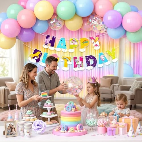 Image of Unicorn Theme Birthday Decoration Kit with Happy Birthday Paper Banner, Rainbow Foil Curtain, Pastel Balloons and Confetti Balloons for Party Decoration Set of 26 Pcs