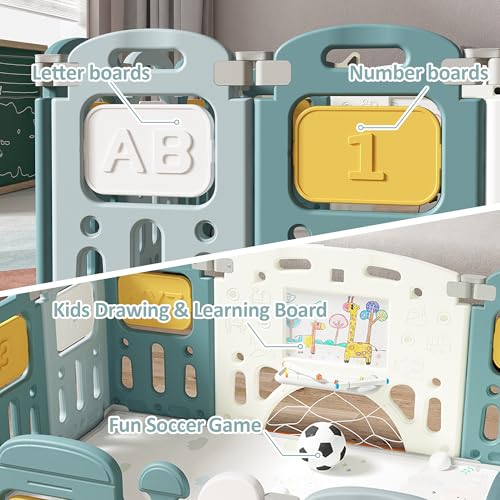 Image of Dawnwake Assembly-Free 14 Panel Playard, Baby Playpen Fence with Crawling Mat and Football for Baby Upto 8 Years with Safety Locking Door & Drawing Board (150x150cm, Foldable) -Green