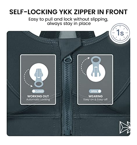 Yvette Zip Front Sports Bra - High Impact Sports Bras For Women Plus Size Workout Fitness Running,Haze Blue #TOP2