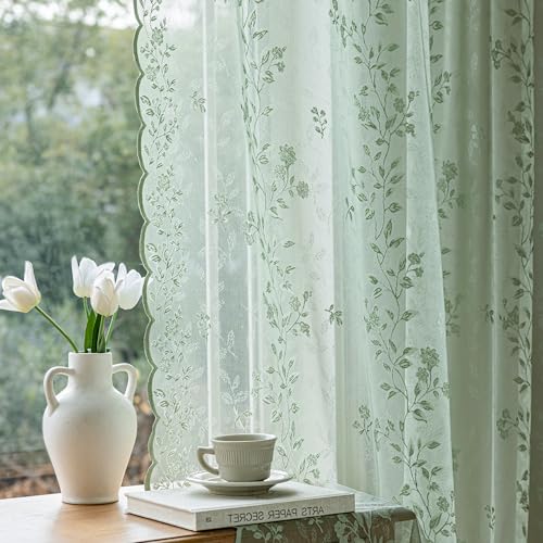 Lace Curtains 63 Inch Length Vintage Victorian Sheer Curtain 2 Panels with French Country Flower Pattern, Rod Pocket Elegant Light Filtering Privacy Sheers for Bedroom Dining Living Room, Sage Green