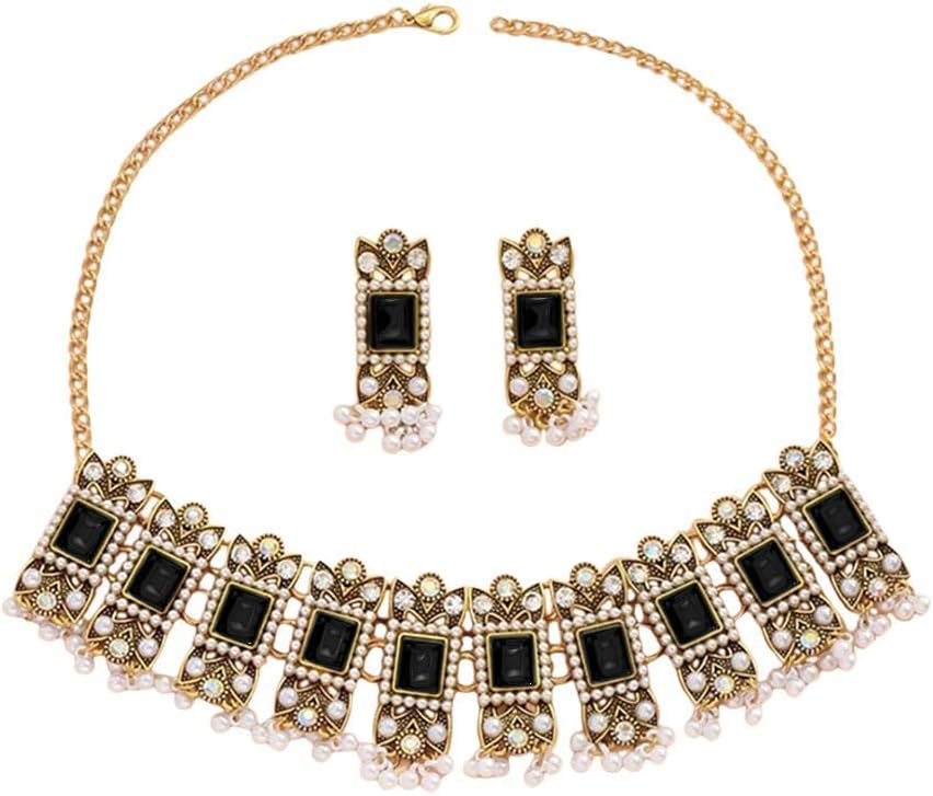 Vintage Rhinestone Indian Jewellery Set for Women Boho Punk Choker Necklace Tassels Pearl Bead Dangle Earring Crystal Wedding Prom Gemstone Traditional Bollywood Ethnic Charms Gift for Mom Xmas
