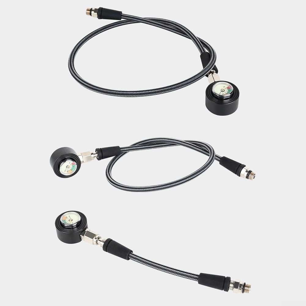 Medidor de presión de buceo con manguera tejida de fibra de carbono y rosca 7/16-20UNF para montaje directo del cilindro números luminosos y junta de manguera giratoria (65 cm)