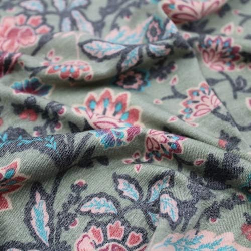 Olive Brick Color Floral Jacobean Pattern Printed Viscose Jersey Knit Fabric by The Yard