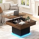 FABATO Lift Top Coffee Table with LED Light and Charging Station, 31.5 Inch Square Coffee Table with Hidden Storage, Modern Farmhouse Center Table for Living Room, Reception Dinning Room, Black Walnut