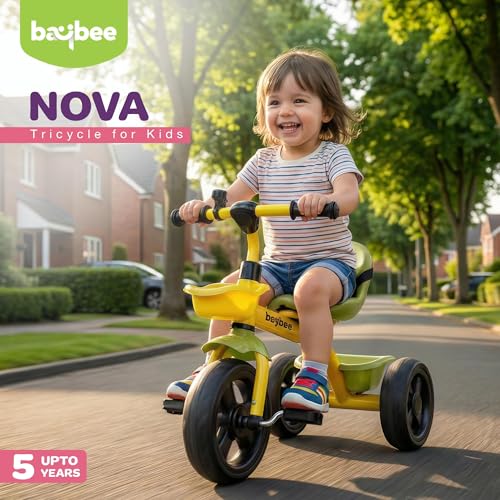 Image of Baybee Nova Baby Tricycle for Kids | Plug & Play Kids Cycle with Safety Belt & Front and Back Storage | Kid Cycle Trikes with Eva Wheels | Baby Cycles for Kid 2 to 5 Years Boys Girls (Green /Yellow)
