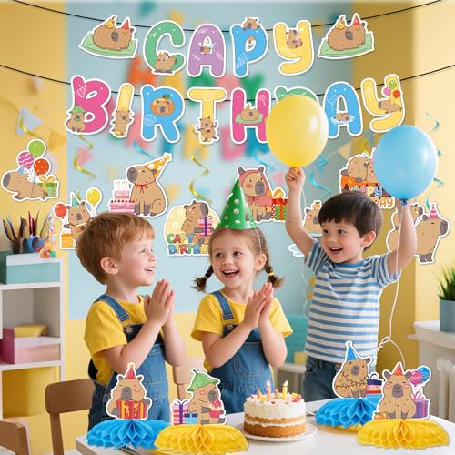 Image of Capybara Birthday Party Decorations - 14PCS Capybara Banners and Hanging Swirls Decoration Cute Capy Honeycomb Centerpieces Animals Decor Supplies