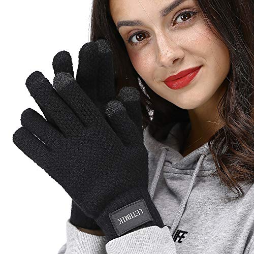 LETHMIK Mens&Womens Winter Touchscreen Gloves,Unisex Knit Gloves with 2 Texting Fingers for SmartPhones Black