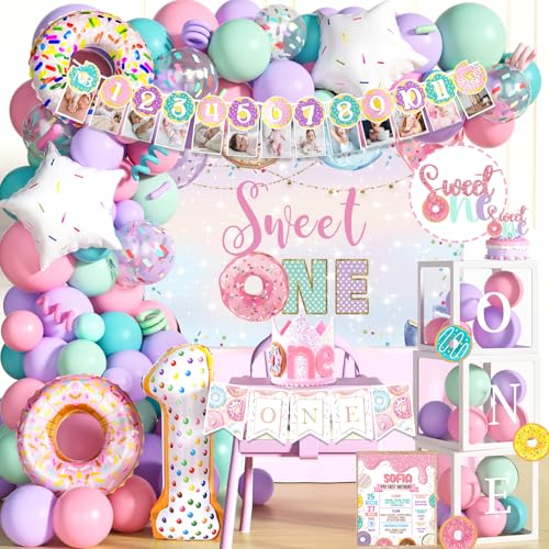 Hombae Sweet One Birthday Party Decorations - 128 PCs Donut Themed Birthday Party Supplies with Sweet One Backdrop, Donut Foil Balloon, Banner, Balloon Boxes, Poster, Cake Topper