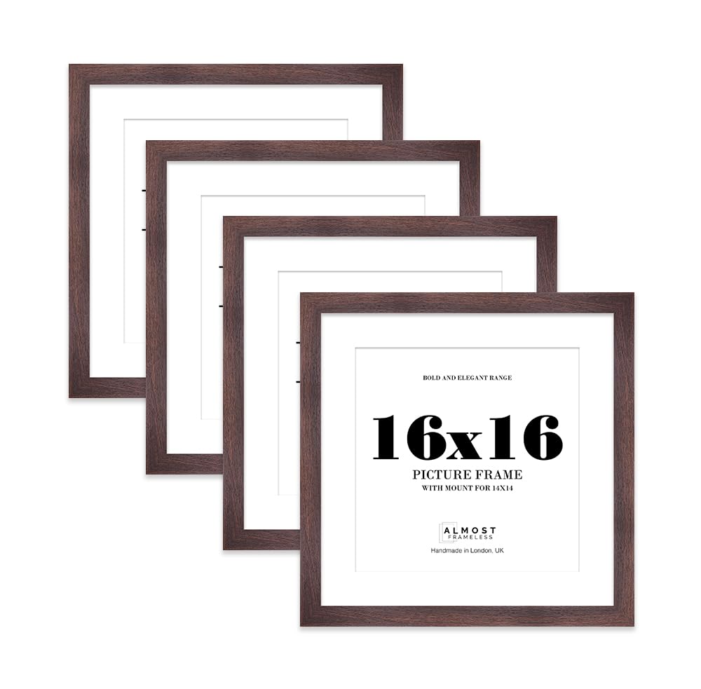 16x16" Walnut Square Frame With Mount for 14x14" Pictures 28mm Edge Frame Display with Wall Hooks, 4 Pack