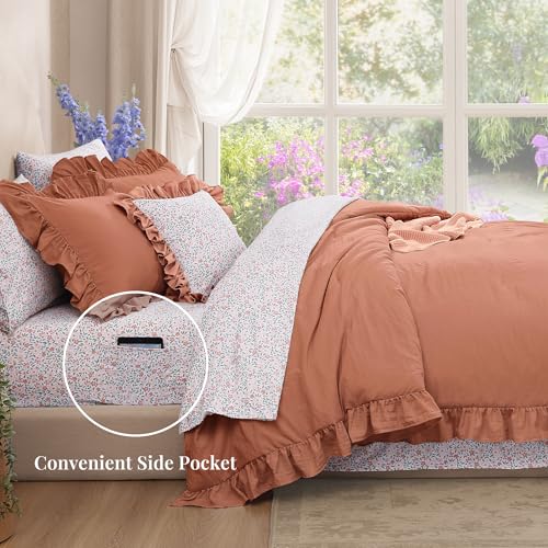 Full Comforter Set - 7 Pieces Ruffle Autumn Leaf Bedding Sets, Shabby Chic Farmhouse Bed in a Bag Full with Ruffle Comforter, Floral Sheets, Pillowcases & Shams