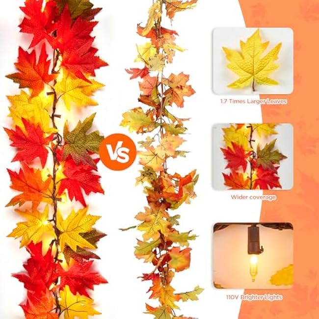 9FT Fall Decorations for Home Large Leaves Fall Garland with Lights Plug in 50 Bulbs Connectable Thanksgiving Garland String Lights for Outdoor Indoor Harvest Fireplace Fall Decor£¨2 Packs£©