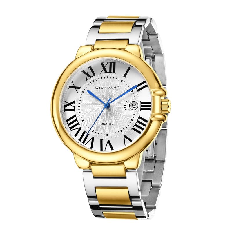 Image of Giordano Analog Quartz Watch for Men - Stainless Steel Strap, Textured Dial with Roman Numerals, Blue Hands, Date Display