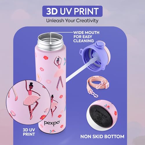 Image of Go24 pexpo Sporty ISI Certified Stainless Steel Water Bottle For School Kids - 700ml (Pack Of 2) | 6+ Years | Sipper Cap | Leakproof & BPA Free | Picnic, Travel, Sport - Pink Dancing Girl UV Print