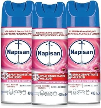 Napisan Spray Disinfettante Milleusi, Disinfettante Spray per Tessuti e Superfici, Fragranza Profumo di Primavera, Confezione da 3 Spray da 400ml