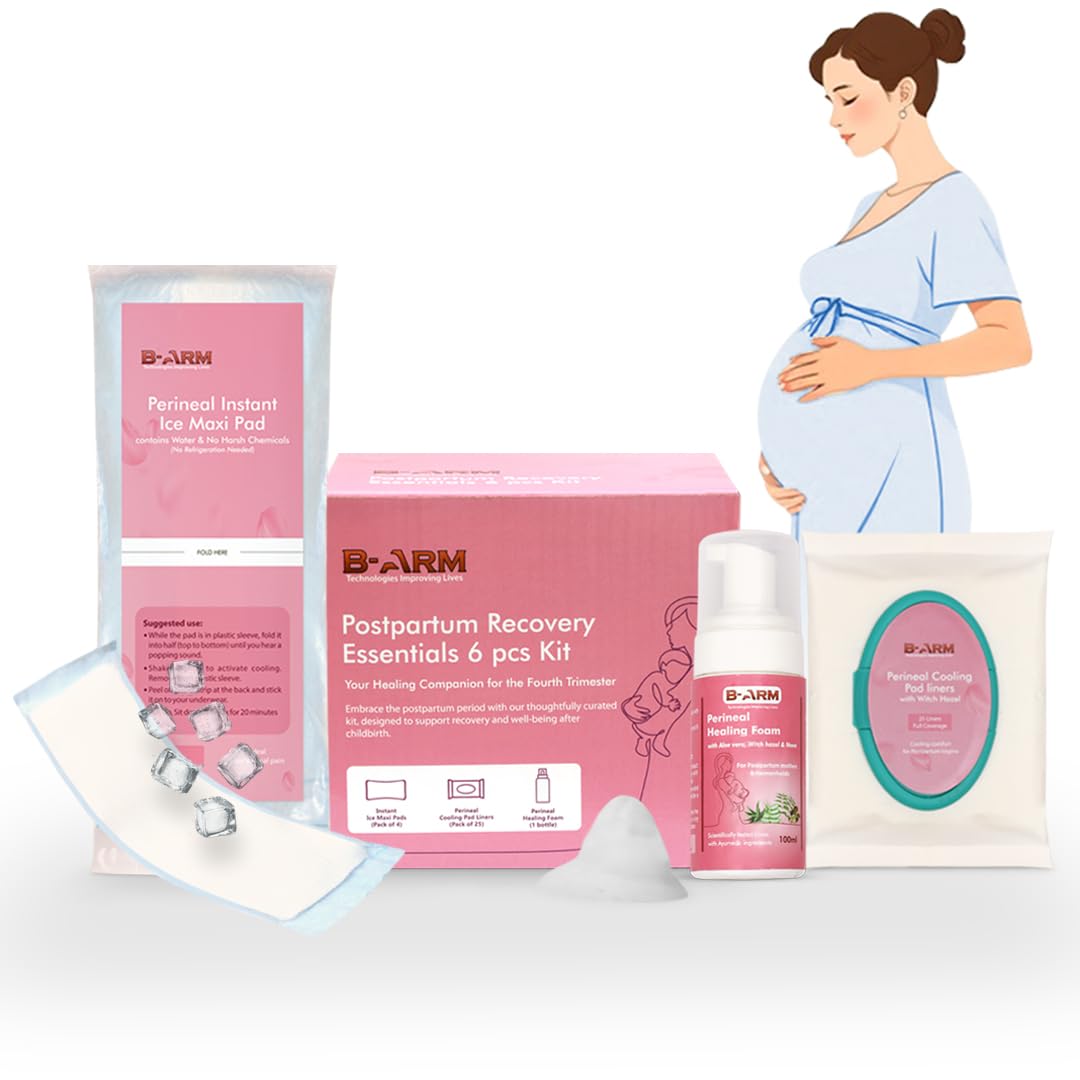 B-Arm Normal Delivery Postpartum Recovery Kit (6 pcs)| Includes 4 Icemaxi pads, 100ml Perineal Healing Foam, Pack of 25 Witch Hazel Padliners for Labor & Delivery| New Mom's Hospital Bag Must-have
