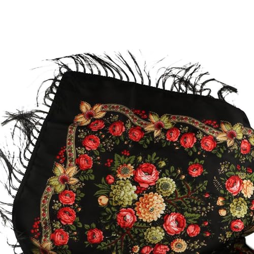 Russian Style Scarf - 35 x 35 inch, Polyester Floral Printed Long Tassel Large Square Shawl - Traditional Retro Ukraine Style3