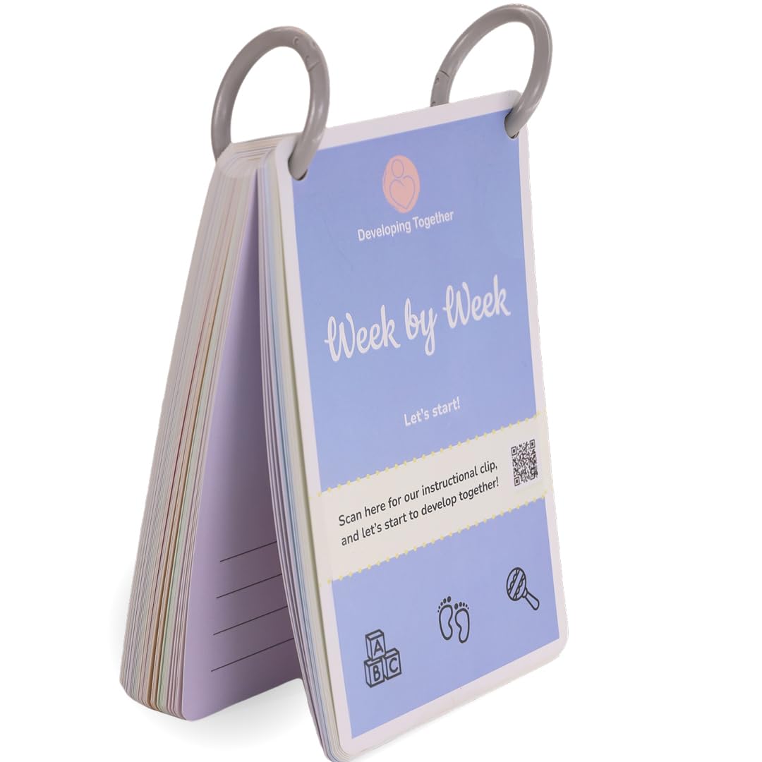 Developing Together Week by Week Progress Cards: 52 Weekly Baby Cards, QR Videos Track Infant's 1st Year of Life, Read, Scan, Learn, Grow, Memory Activities Journal, Child's Monthly Stages,Grip Loops