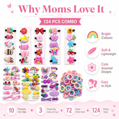 Image of 124 Pcs Hair Accessories for Kids Girls | Cute Baby Hair Clips & Theme Hair Clips with Rubber Bands Combo | Hair Accessories for Baby Girl | Kids Hair Clips Set | Mixed Designs