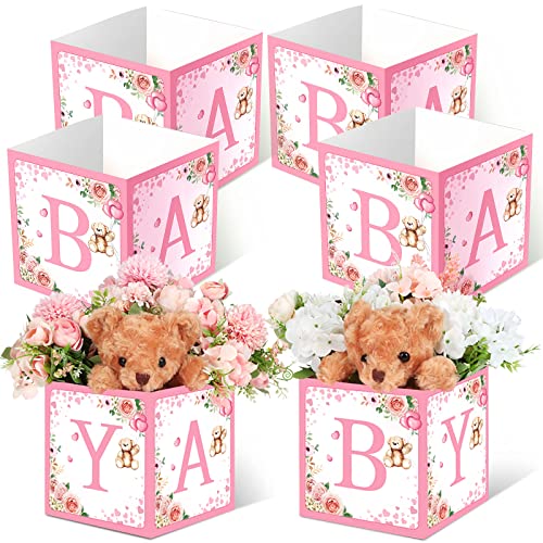 Image of Bucherry 6 Pcs Baby Shower Centerpieces with Letters, 7 inch Baby Blocks Flower Boxes for Table Decorations, Gender Reveal Party Supplies & Photo Props(Pink,Pink Bear)