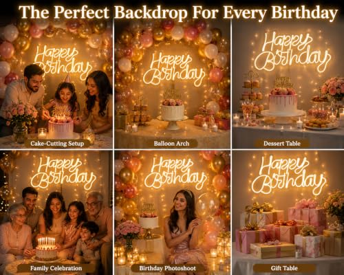 Image of Quace Happy Birthday LED Neon Sign, Warm White Neon Light for Birthday Decoration, Wall Hanging & Table Display, Acrylic LED Party Light with Adapter, 40.6 x 20.3 cm for Home, Events & Photo Backdrop